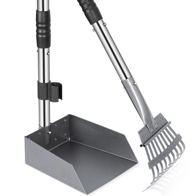 Dog Pooper Scooper, Dog Poop Tray and Rake Set, Pet Waste Removal Scoop with Long Adjustable Sectional Stainless Handles